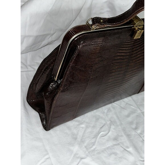Vintage 50's Tegu Lizard Skin Kelly Hand Bag Mahogany Brushed Metal Clasp 14x9x4 - Picture 7 of 16